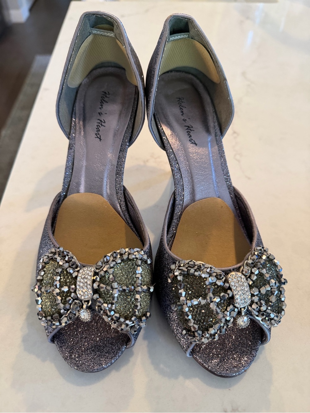 Bejeweled Glitter Open-Toe Heels in Gunmetal by Aileen & Heart